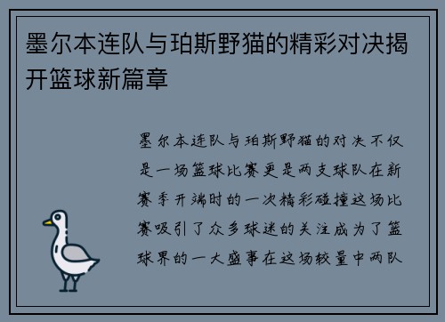 墨尔本连队与珀斯野猫的精彩对决揭开篮球新篇章